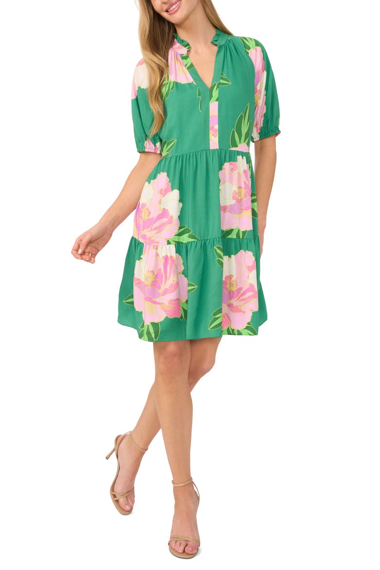 Floral Print Tiered Dress, Main, color, MEDIUM GREEN
