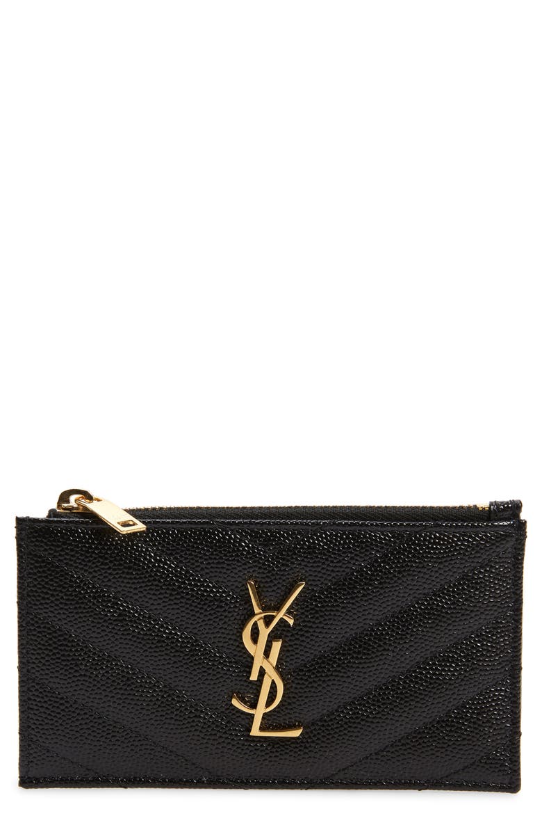 Saint Laurent Cassandre Matelassé Fragments Leather Zip Card Case, Main, color, Noir