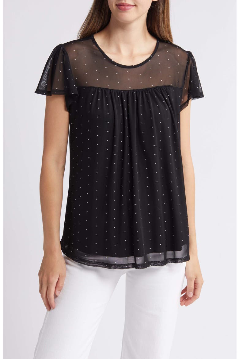Polka Dot Sheer Yoke Mesh Top, Main, color, BLACK