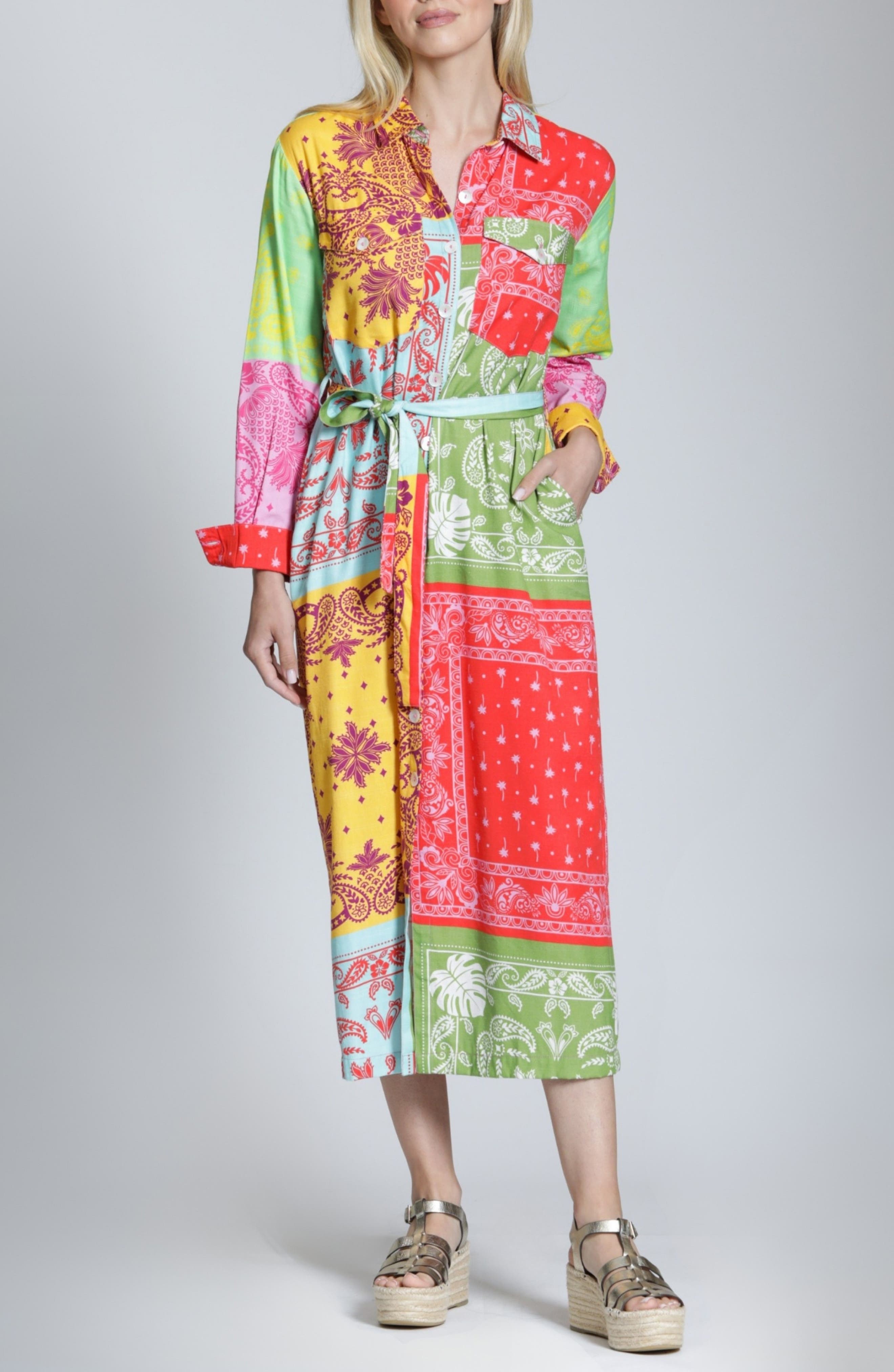 Patchwork Print Long Sleeve Shirtdress
