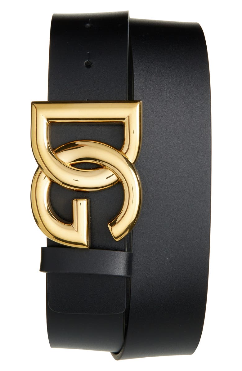 Dolce&Gabbana DG Logo Buckle Leather Belt, Main, color, Nero / Gold