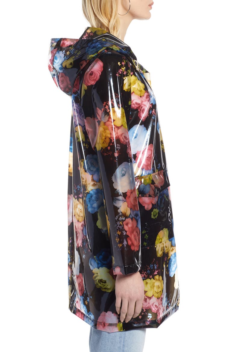 Floral Print Translucent Hooded Rain Jacket, Alternate, color, BLACK FLORAL