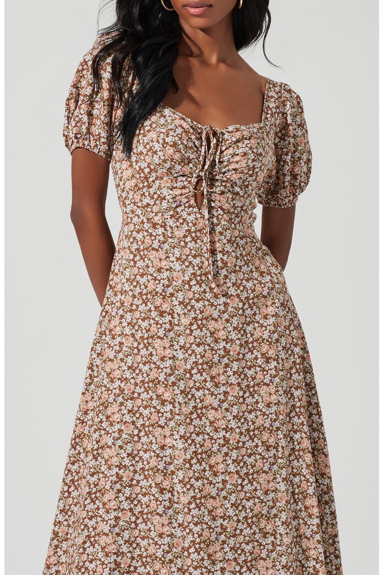 Lace-Up Puff Sleeve Midi Dress, Alternate, color, BROWN FLORAL