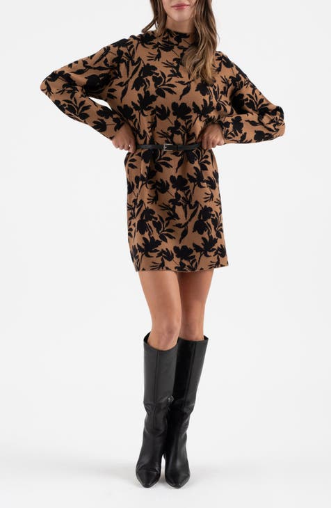 Floral Jacquard Long Sleeve Sweater Dress