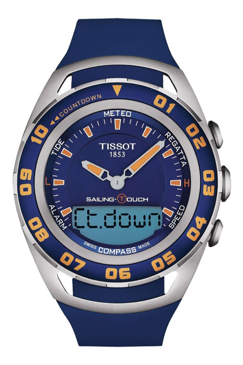 Sailing Touch Swiss Compass Silicone Strap Watch, 45mm, Main, color, BLUE