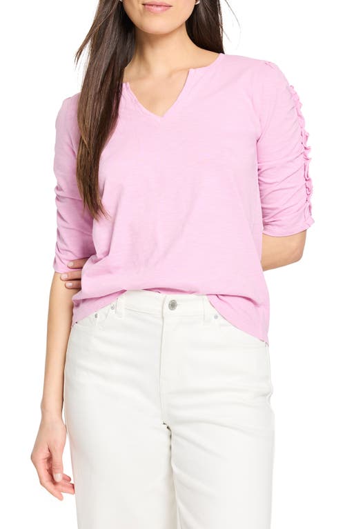 Nzt By Nic+zoe Ruched Elbow Sleeve Split V-neck T-shirt In Pink Hue