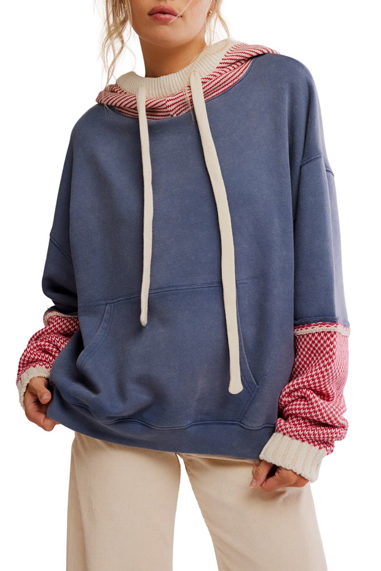 Snug Bonnet Mixed Media Cotton Hoodie, Main, color, INDIGO