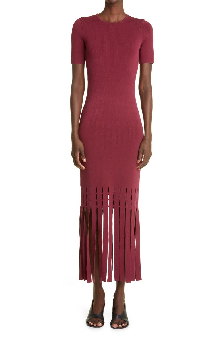 ST. JOHN Eyelet Fringe Panel Short Sleeve Knit Dress, Main, color,