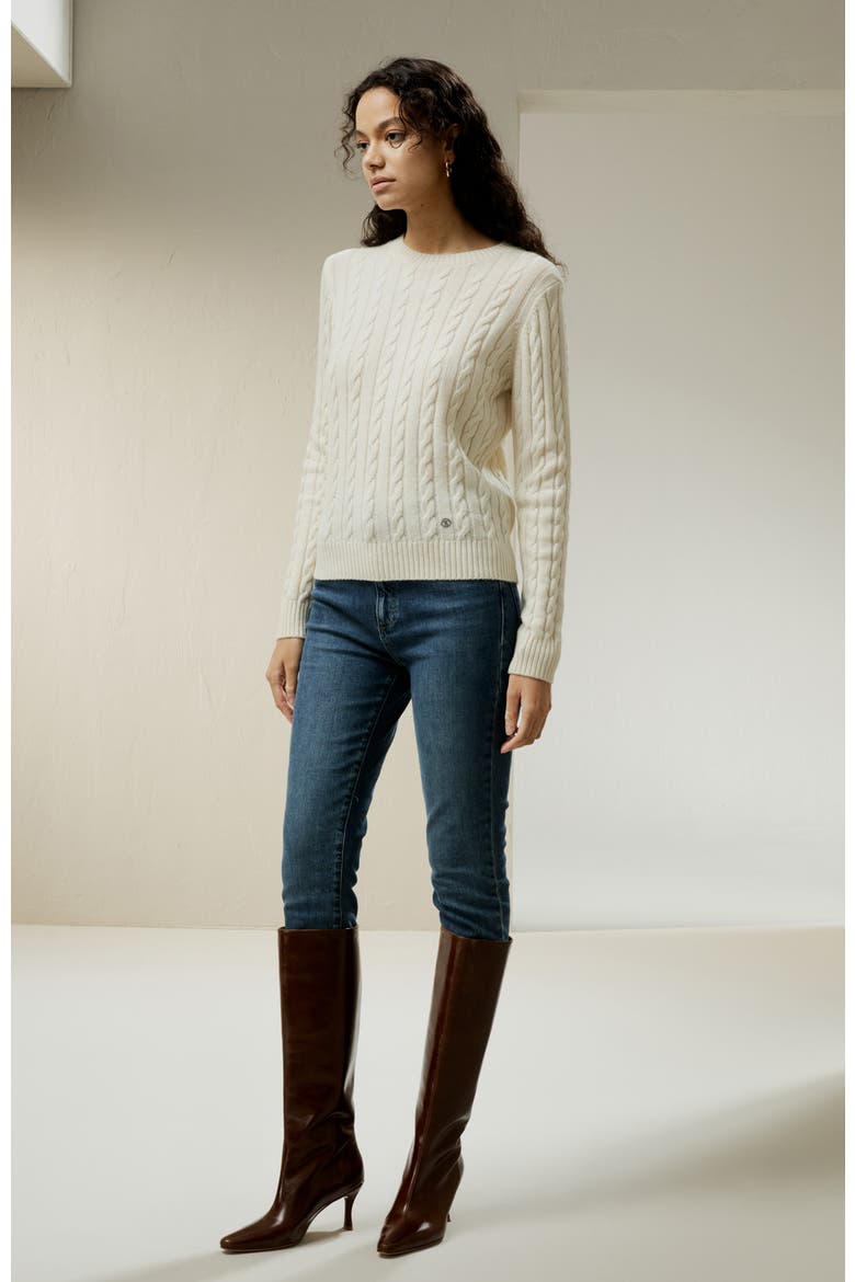 Women's Classic Cable Knit Sweater with Ribbed Edges, Alternate, color, White