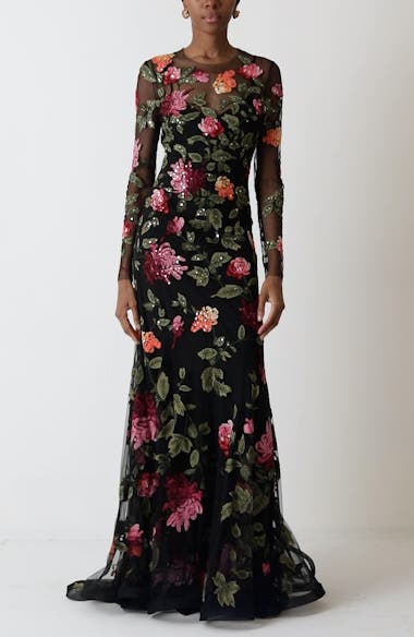Carolina Herrera Chrysanthemum Embroidered Long Sleeve Tulle