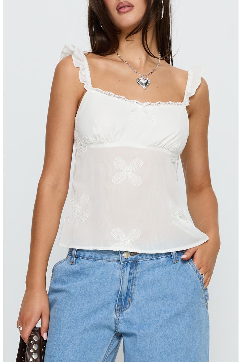 Madaleine Floral Embroidered Ruffle Strap Top, Main, color, WHITE