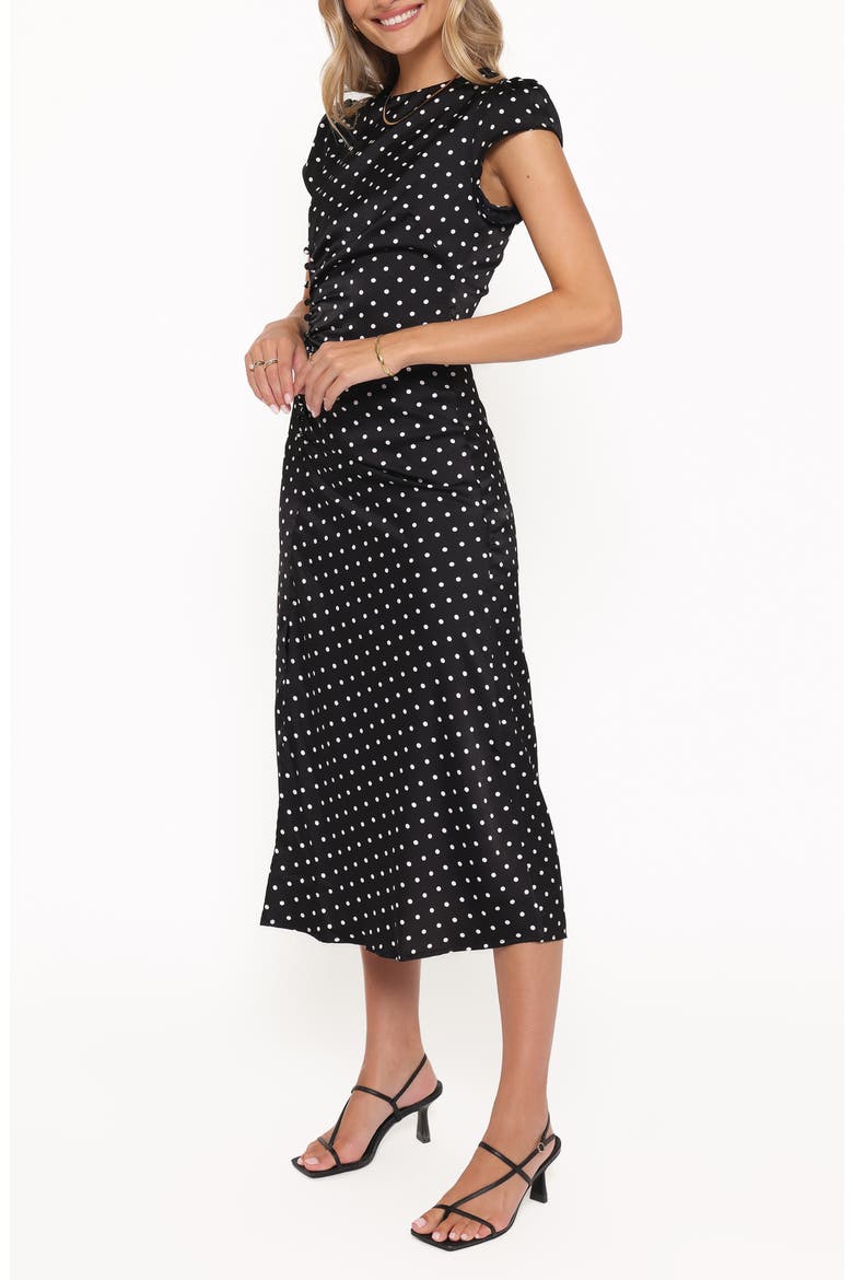 Lisbeth Polka Dot Cap Sleeve Satin Midi Dress, Alternate, color, BLACK POLKA DOT