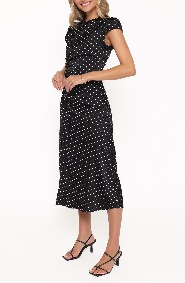 Petal & Pup Lisbeth Polka Dot Cap Sleeve Satin Midi Dress, Alternate, color, Black Polka Dot