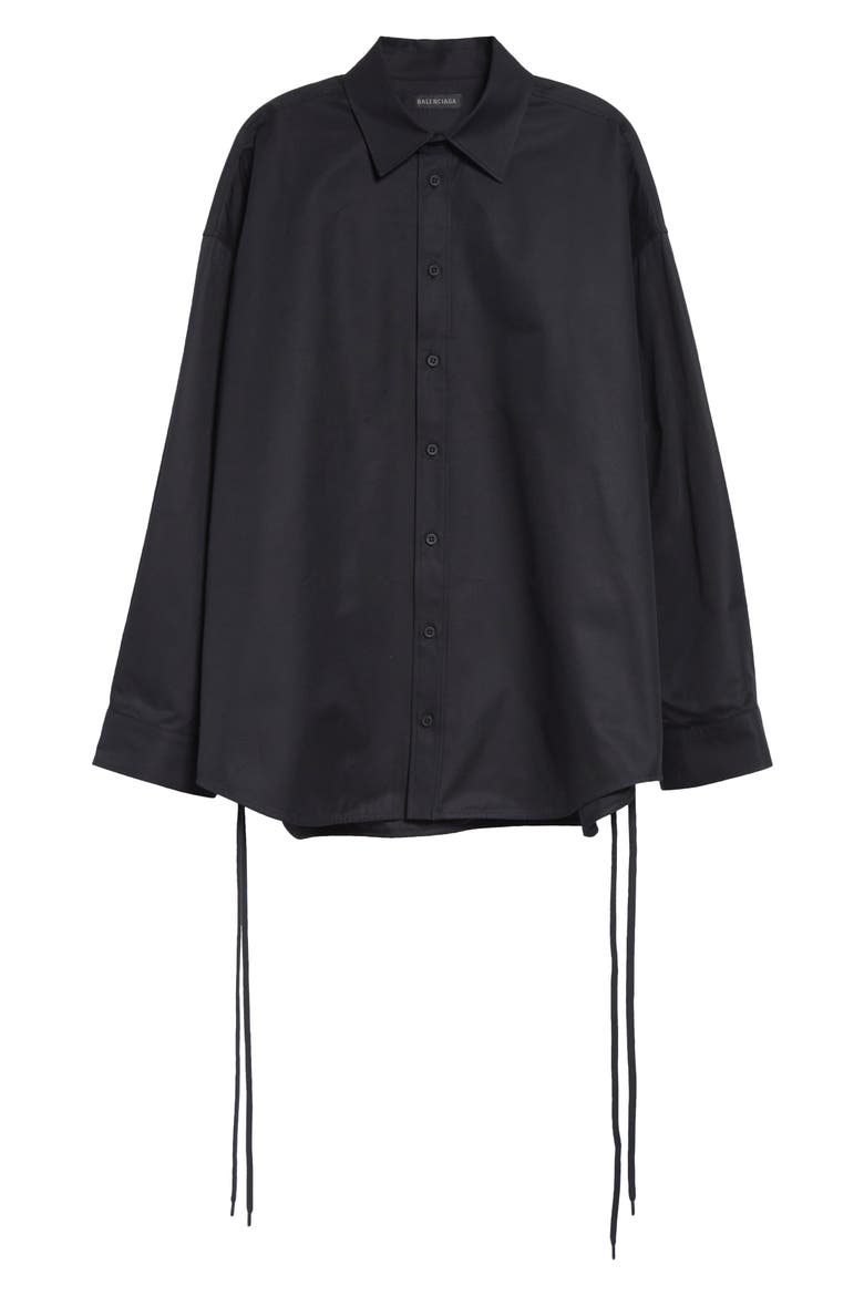 Lace-Up Detail Oversize Cotton Gabardine Button-Up Shirt, Alternate, color, 1000 BLACK