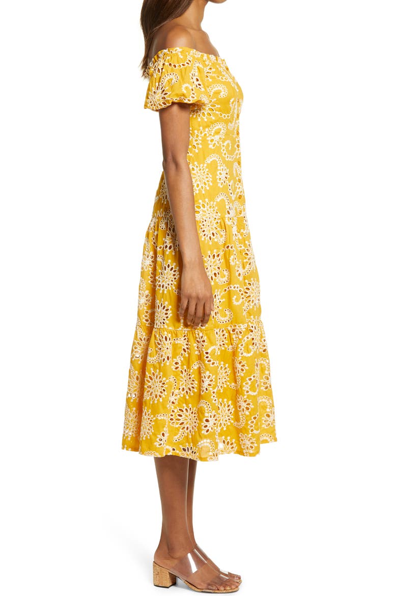 Off the Shoulder Tiered Midi Dress, Alternate, color, MUSTARD