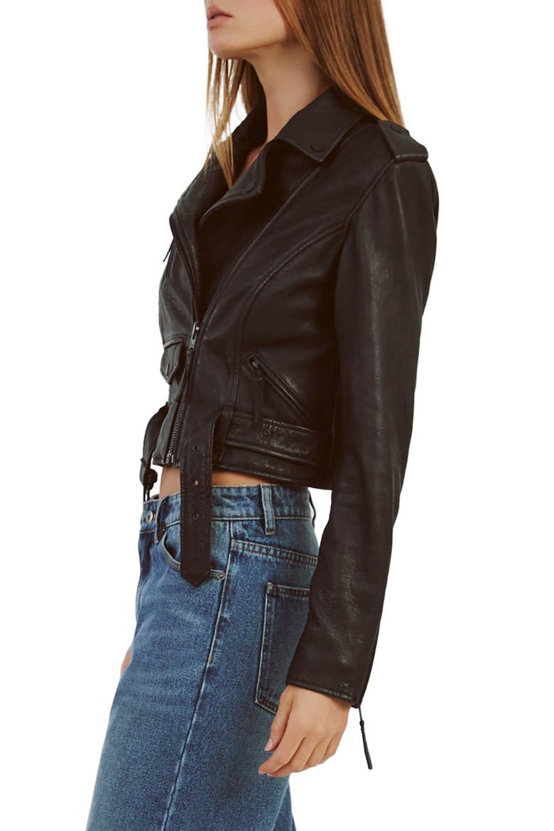 Crop Leather Moto Jacket, Alternate, color, BLACK