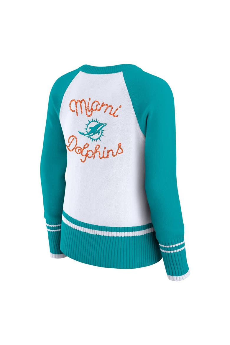 Women's WEAR by Erin Andrews White/Aqua Miami Dolphins Colorblock Raglan Sweater, Alternate, color, White