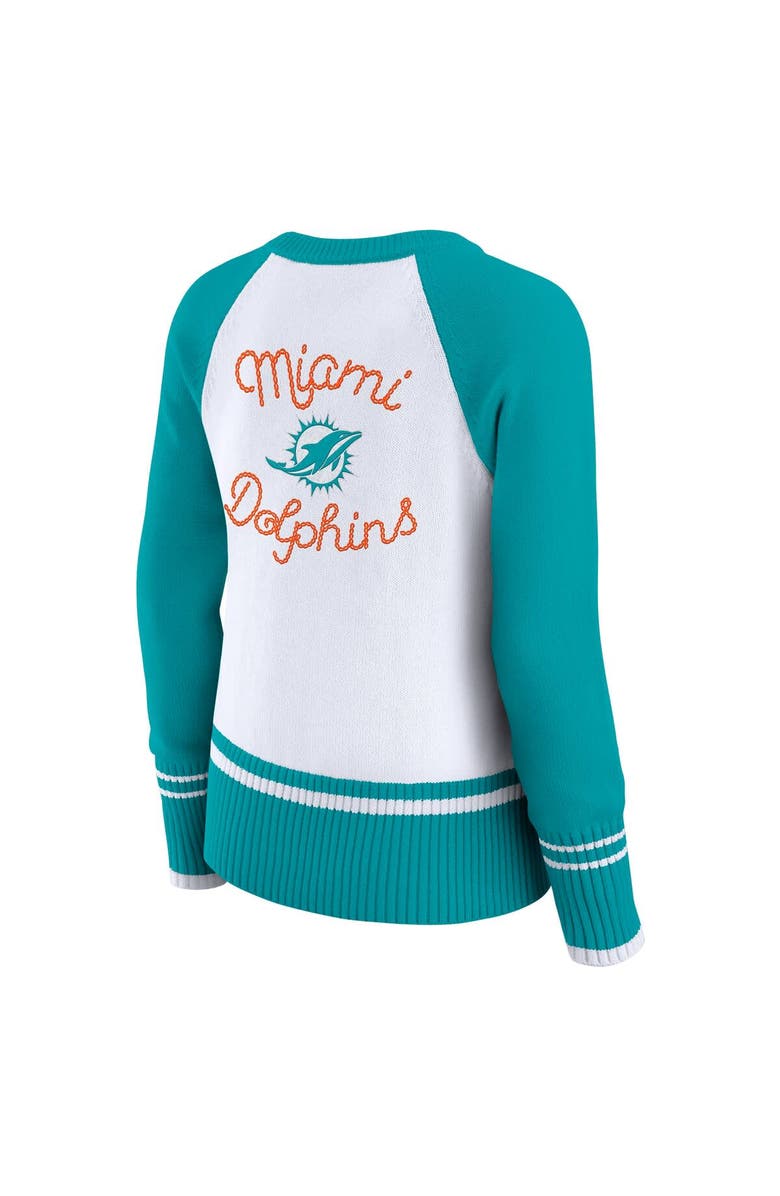 WEAR by Erin Andrews Women's WEAR by Erin Andrews White/Aqua Miami Dolphins Colorblock Raglan Sweater, Alternate, color, White