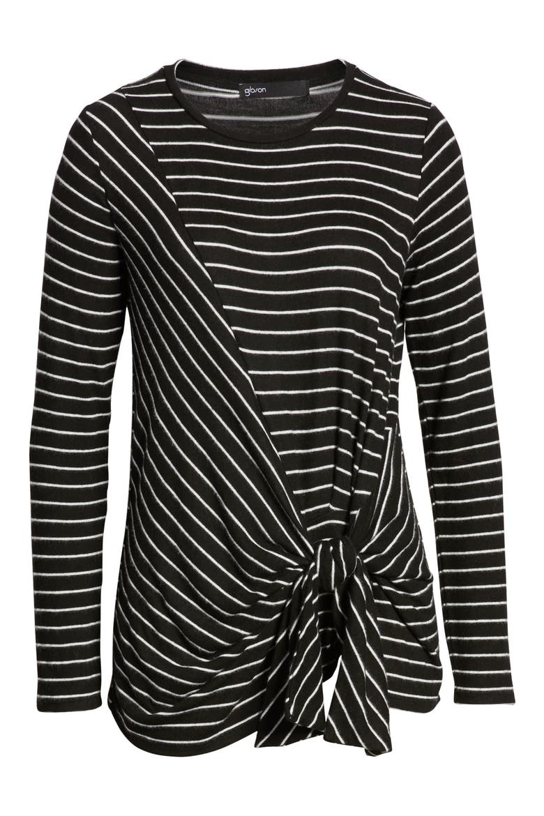 Gibson x Living in Yellow Lou Tie Front Fleece Sweater (Nordstrom Exclusive), Alternate, color, BLACK/ IVORY