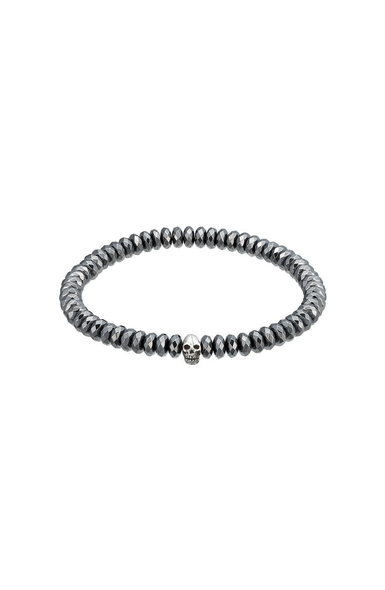 Jan Leslie Faceted Hematite Gemstone With Skull Stretch Bracelet, Main, color, Grey