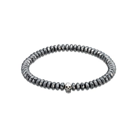Faceted Hematite Gemstone With Skull Stretch Bracelet