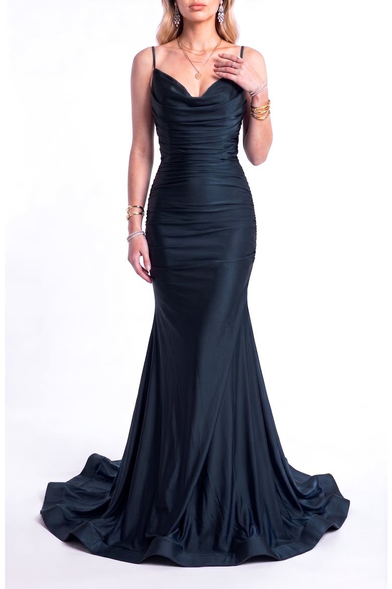 Ruched Cowl Neck Lace-Up Mermaid Evening Gown, Alternate, color, Black
