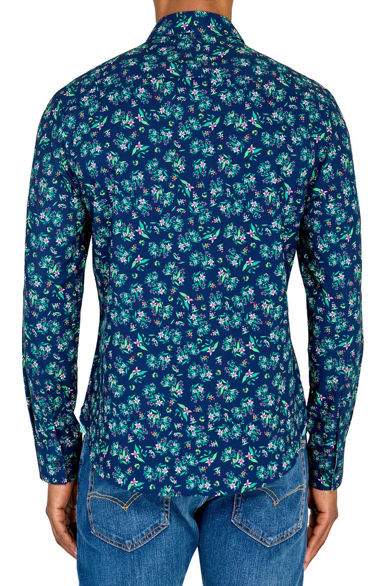 Slim Fit Lily Bouquet Recycled 4-Way Stretch Performance Long Sleeve Shirt, Alternate, color, NAVY/GREEN