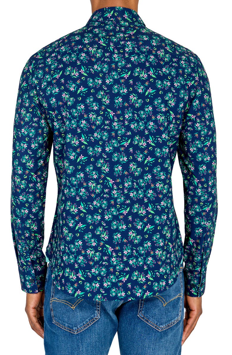 CONSTRUCT Slim Fit Lily Bouquet Recycled 4-Way Stretch Performance Long Sleeve Shirt, Alternate, color, Navy/Green