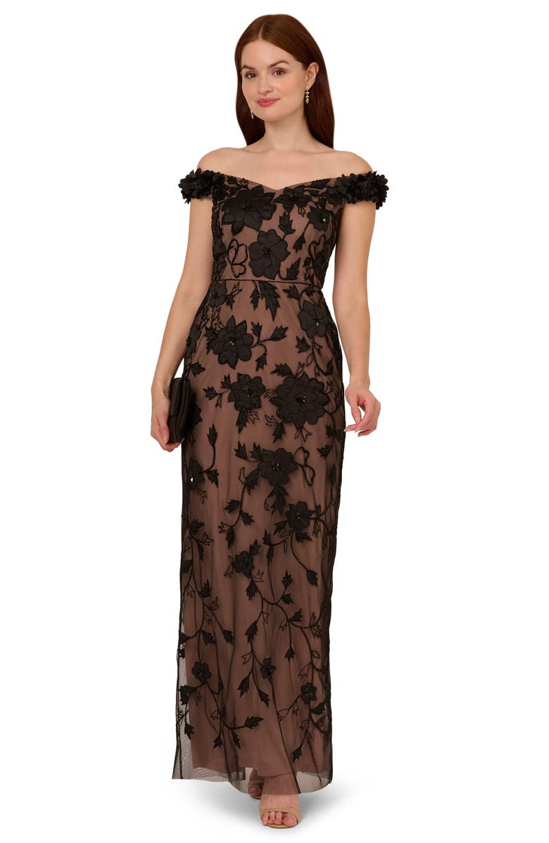 Adrianna Papell Beaded Off the Shoulder Column Gown, Alternate, color,
