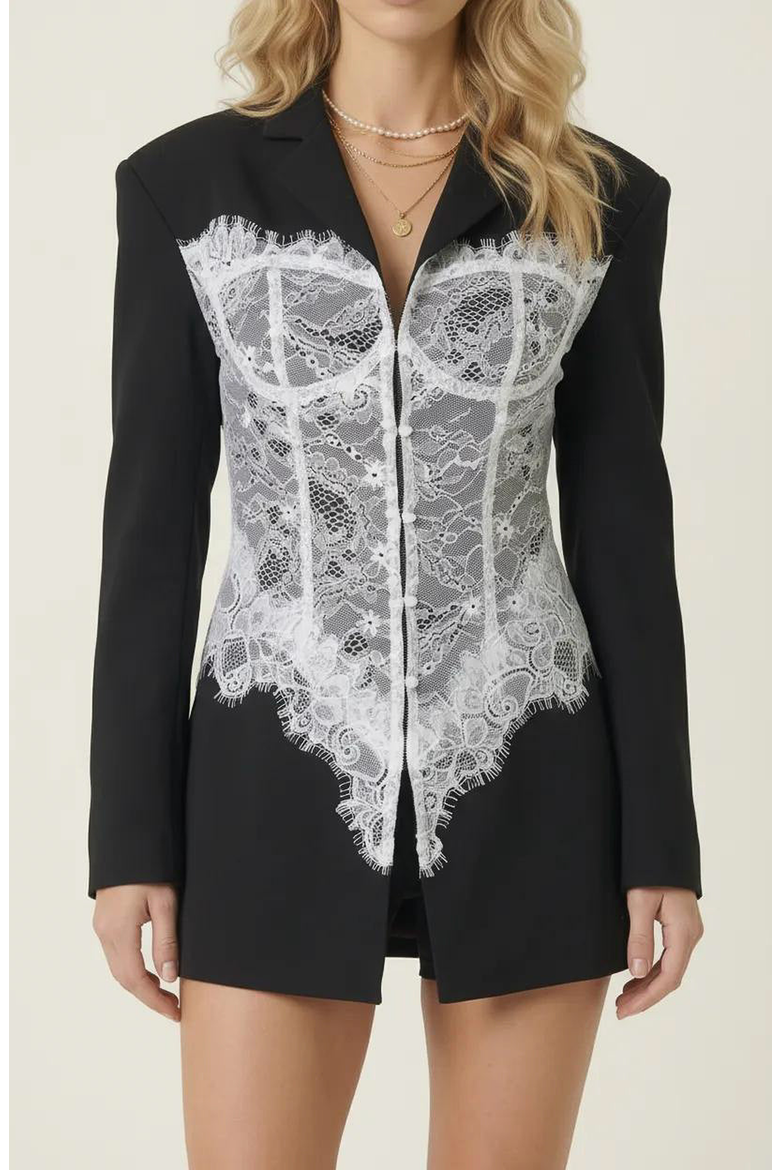 Lace Corset Detail Blazer, Main, color, Black / White