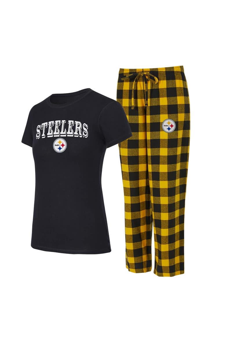 Women's Concepts Sport Black/Gold Pittsburgh Steelers Plus Avondale T-Shirt & Pants Flannel PJ Set, Main, color, Black