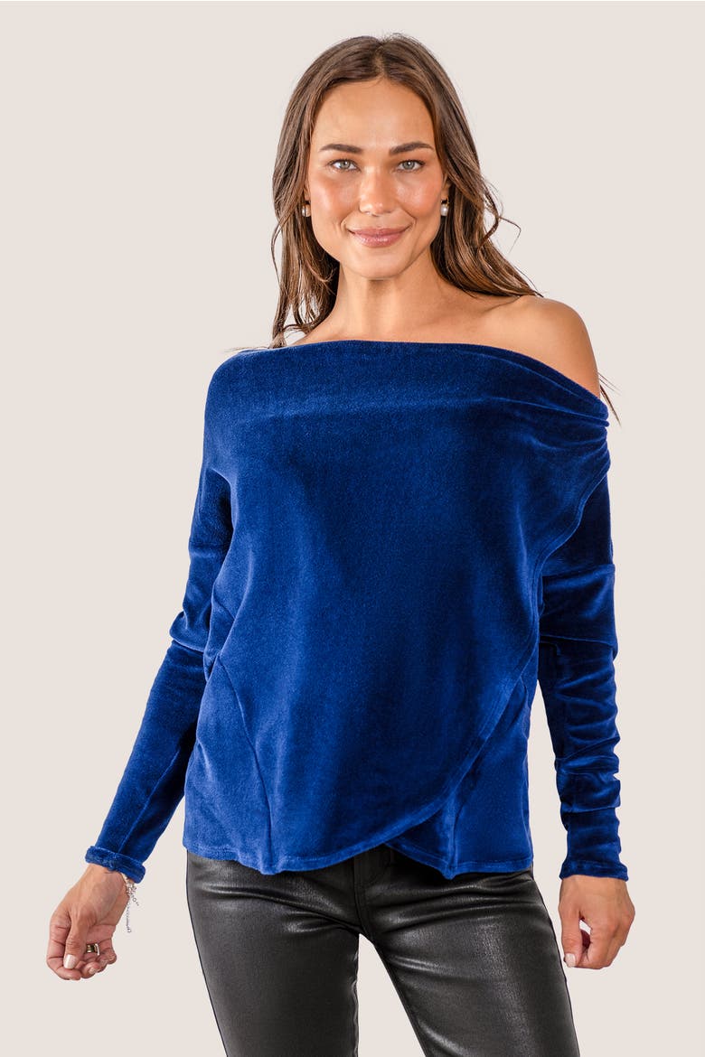 Sweater Weather Built-In Shelf Off-The-Shoulder Velour Long Sleeve Top, Alternate, color, Sapphire