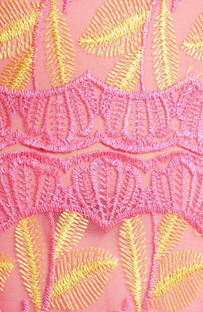 Coquette Embroidered Mesh Underwire Bustier with Garter Straps & Thong Set, Alternate, color, Neon Pink