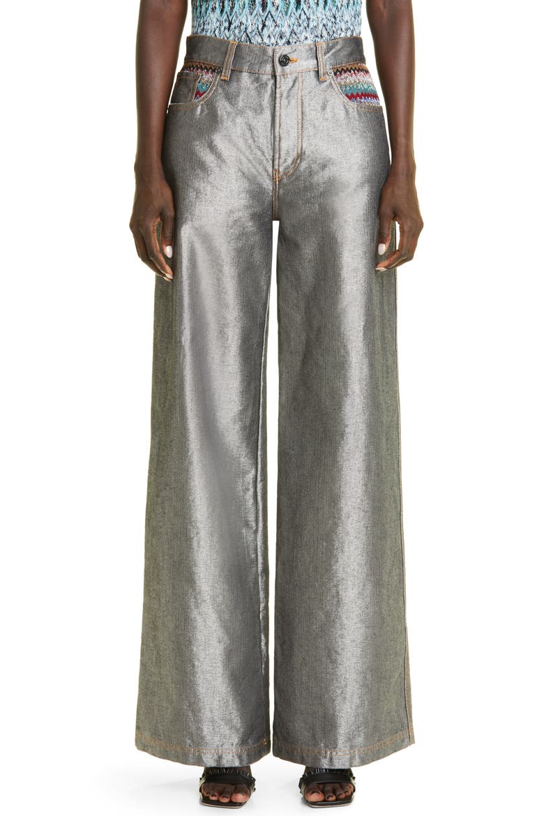 Wide Leg Metallic Denim Carpenter Pants, Main, color, SILVER DENIM