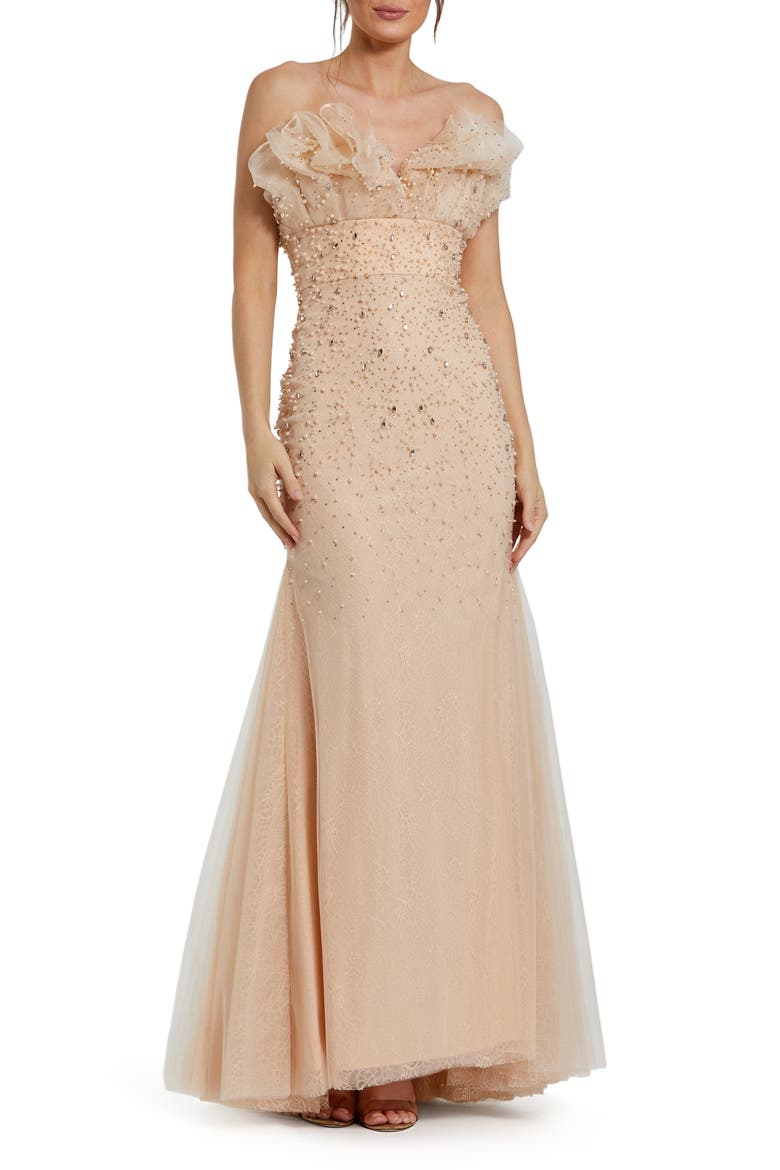 Strapless Embellished Tulle Mermaid Gown, Main, color, Porcelain
