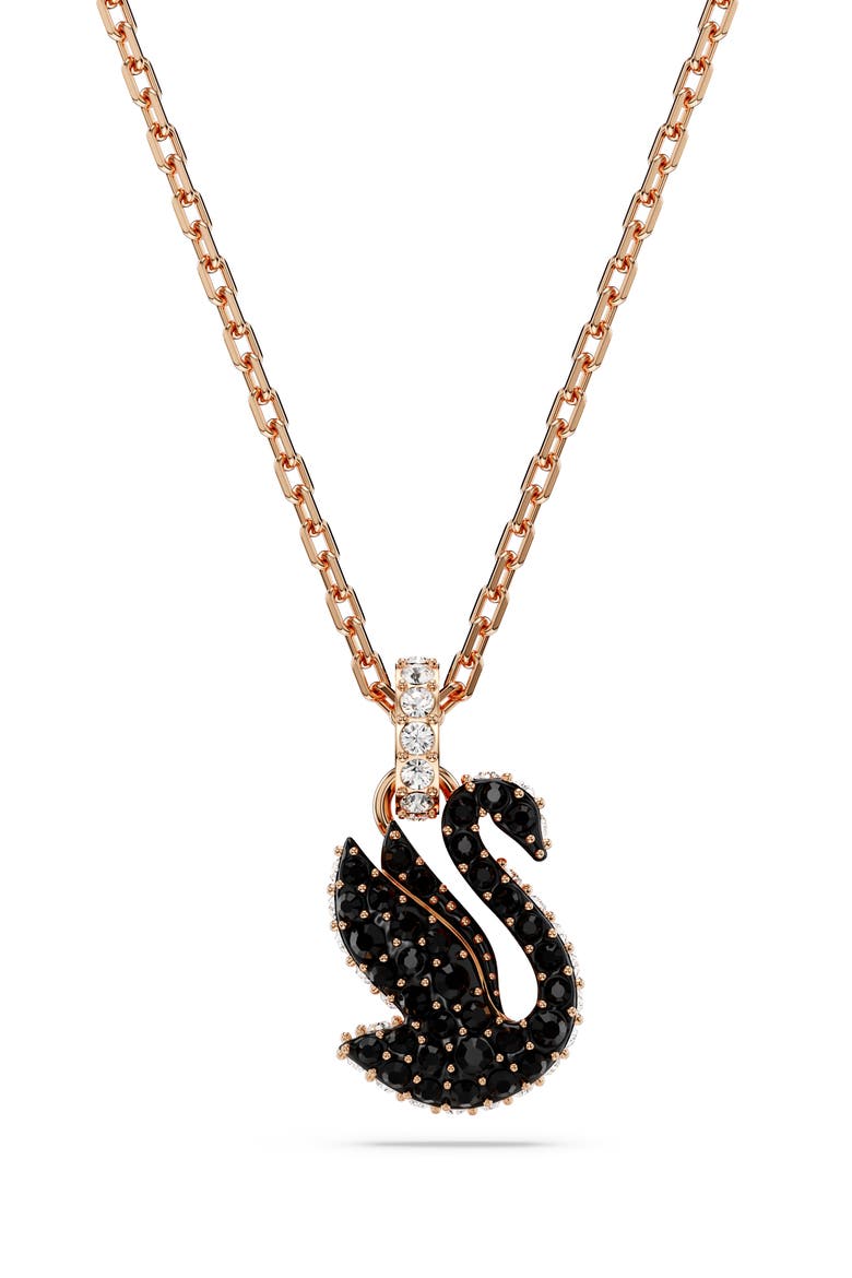 Swan Crystal Pendant Necklace, Main, color, BLACK