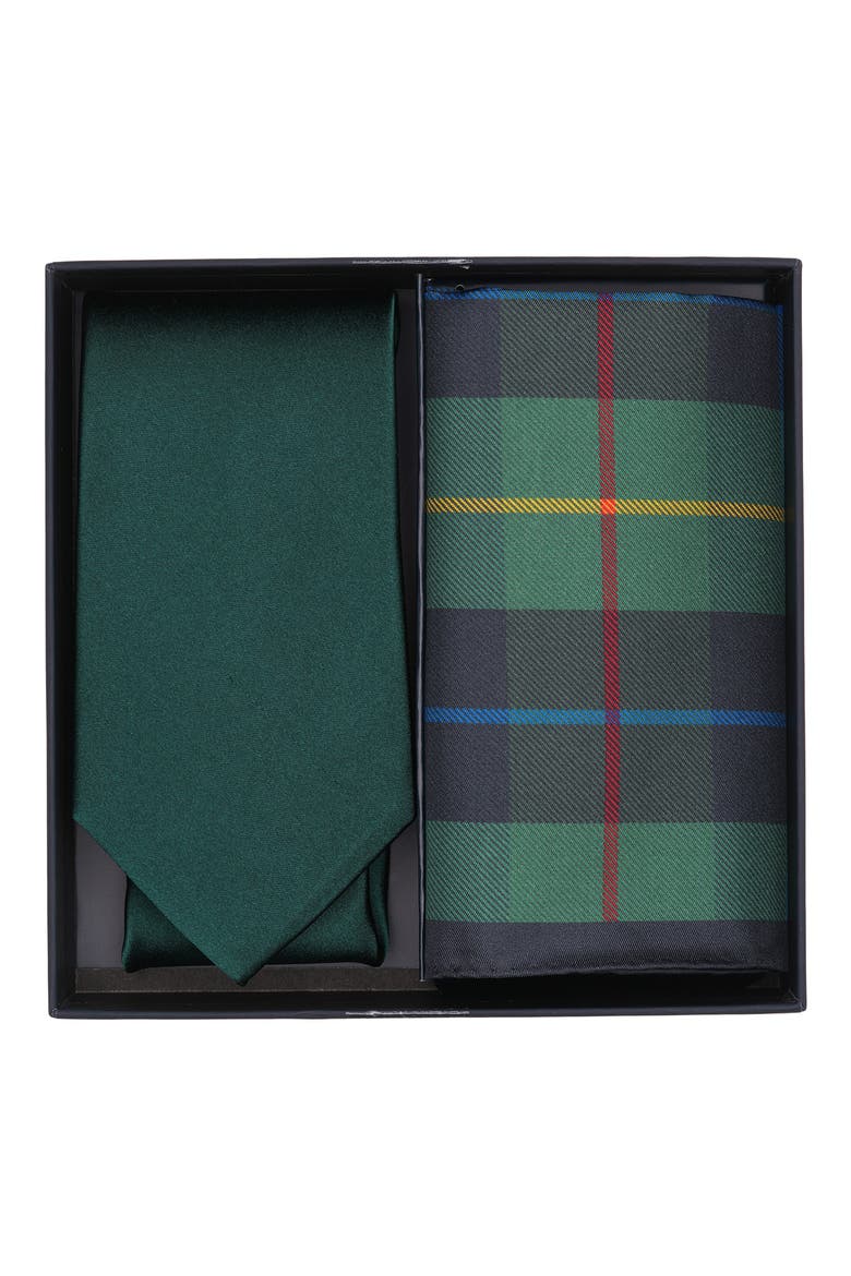 Solid Tie & Tartan Pocket Square Set, Alternate, color, HUNTER