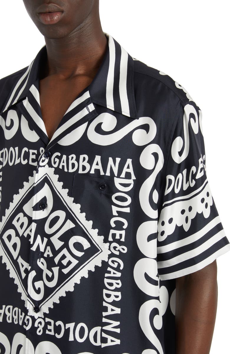 Dolce&Gabbana Marina Print Silk Twill Button-Up Shirt, Alternate, color, Marina Blue