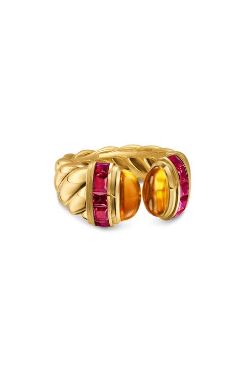 Sculpted Cable Open Cocktail Ring in 18K Yellow Gold with Madeira Citrine and Rubellites, 12.4mm