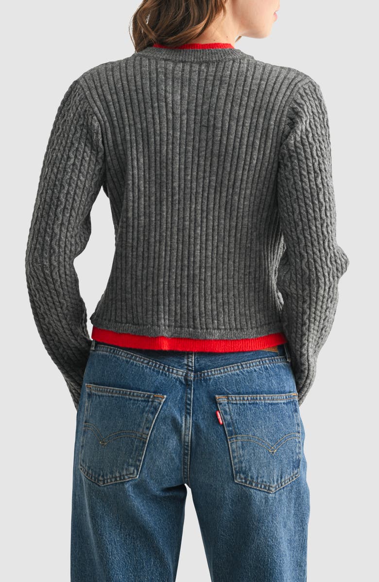 Lush Contrast Cable Knit Cardigan, Alternate, color, Charcoal Red