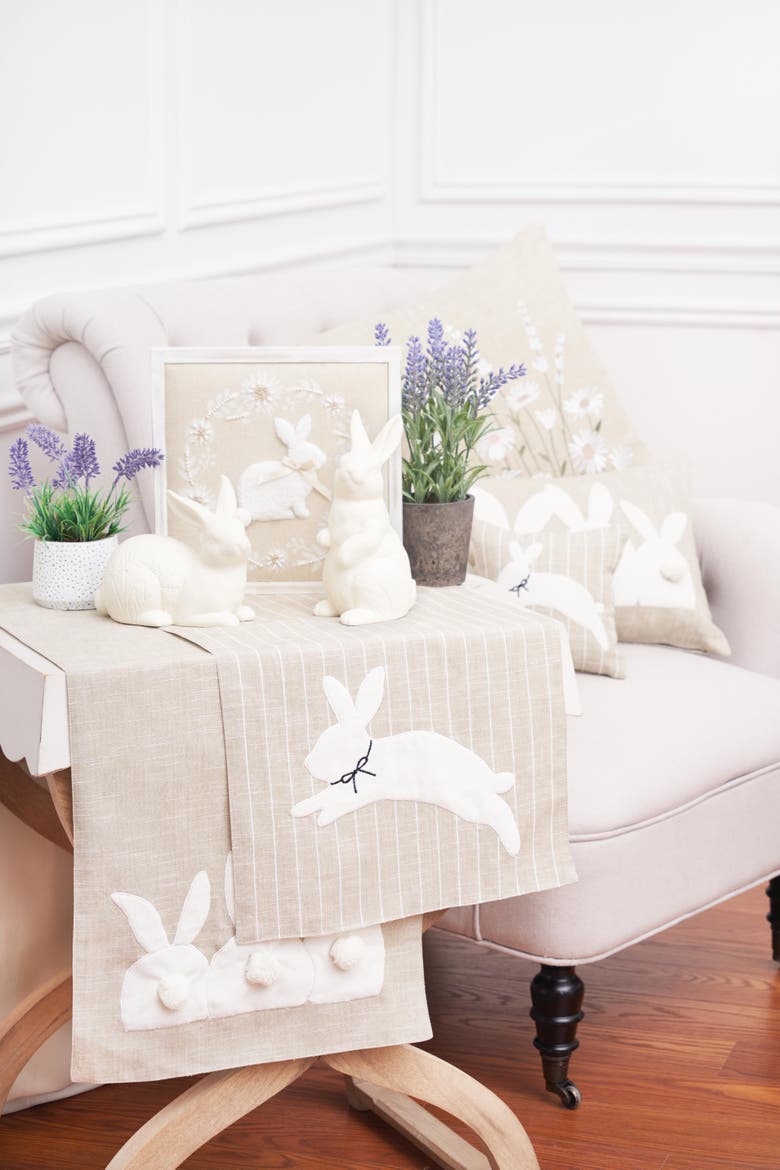Easter White Trio Bunny Rabbits w/ Tufted Bums Decorative Table Runner 14" x 72", Alternate, color, Beige