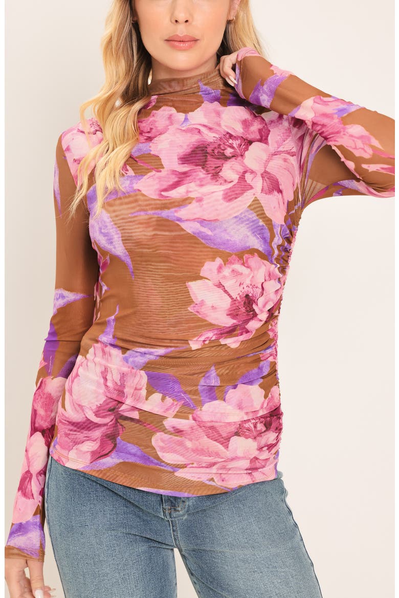 Mesh Mock Neck Top, Alternate, color, BROWN PINK MULTI