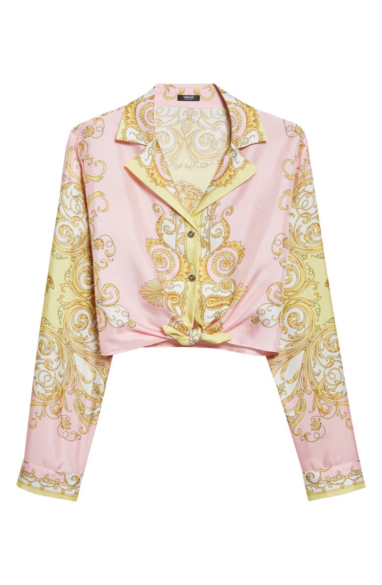 Versace Barocco Crop Silk Button-Up Shirt, Main, color, Pale Yellow Rose Quartz