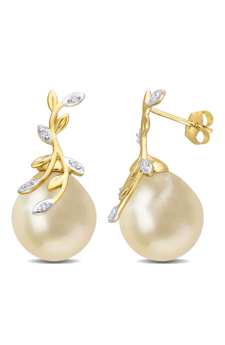 Julianna B. Pearl & Diamond Leaf Design Earrings 14k, Main, color, South Sea Pearl/Yellow Gold
