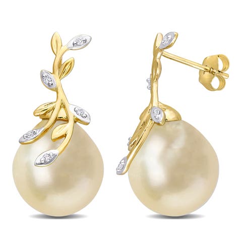 Pearl & Diamond Leaf Design Earrings 14k