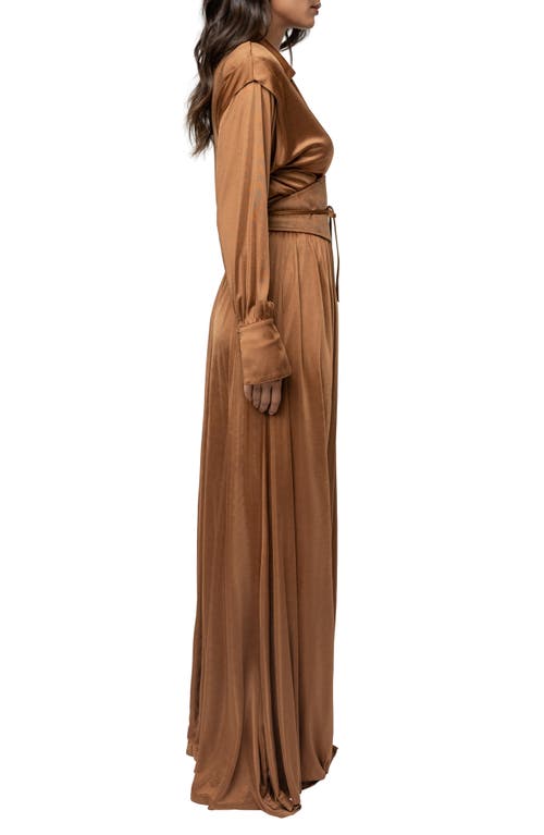 Jluxlabel Collar Long Sleeve Satin Gown In Brown