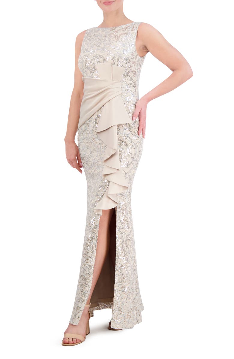 Eliza J Sequin Ruffle Sleeveless Lace Trumpet Gown, Alternate, color, Champagne