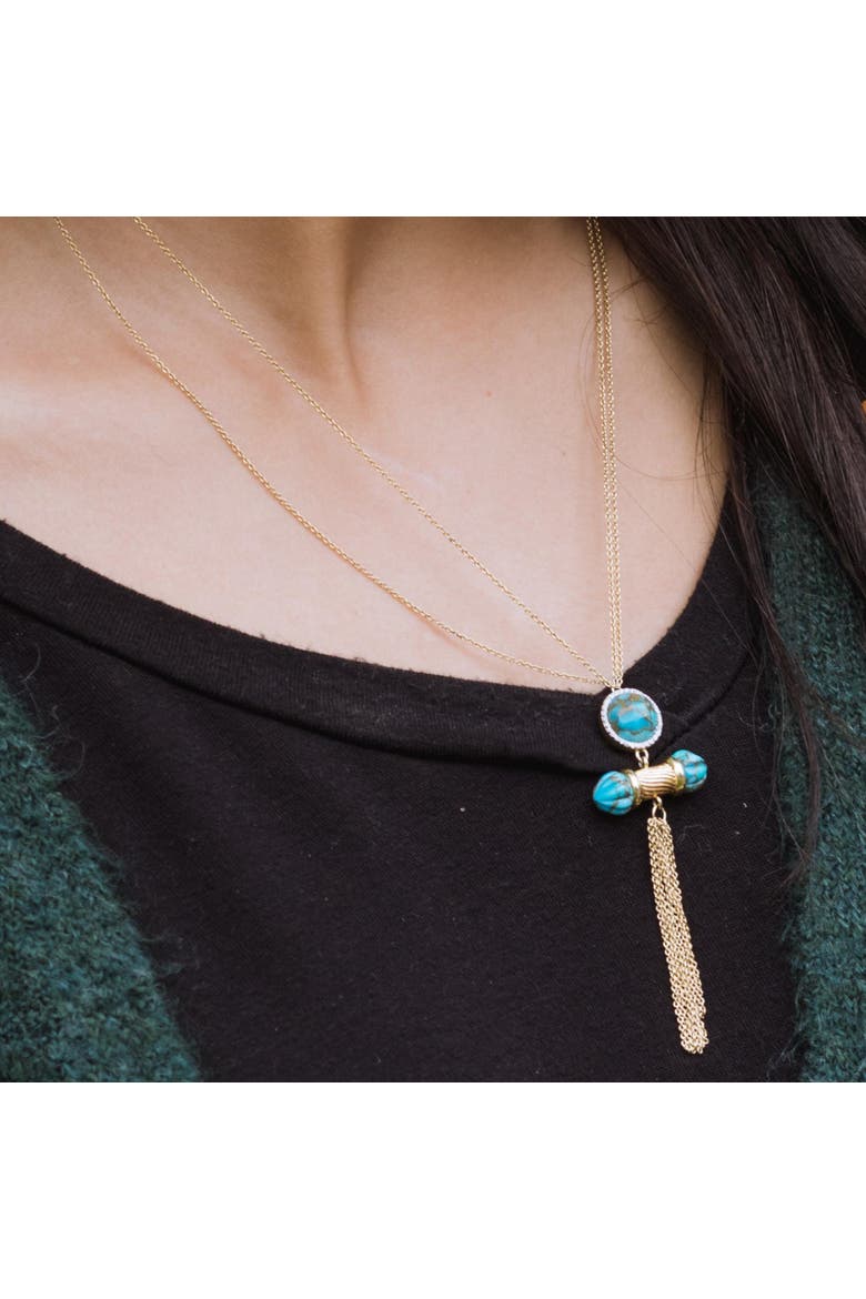 Sunkissed Design Yellow Gold Plated Silver Turquoise Gemstone Diamond Fringe Necklace, Alternate, color, 14KT Gold Vermeil on Sterling