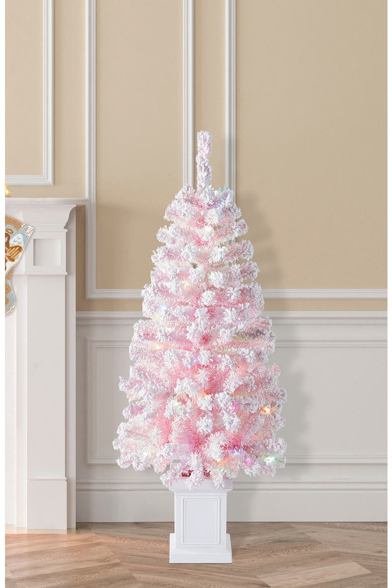 4ft Pre-Lit Flocked Pink Artificial Christmas Porch Tree with 100 LED Lights, Alternate, color, Pink