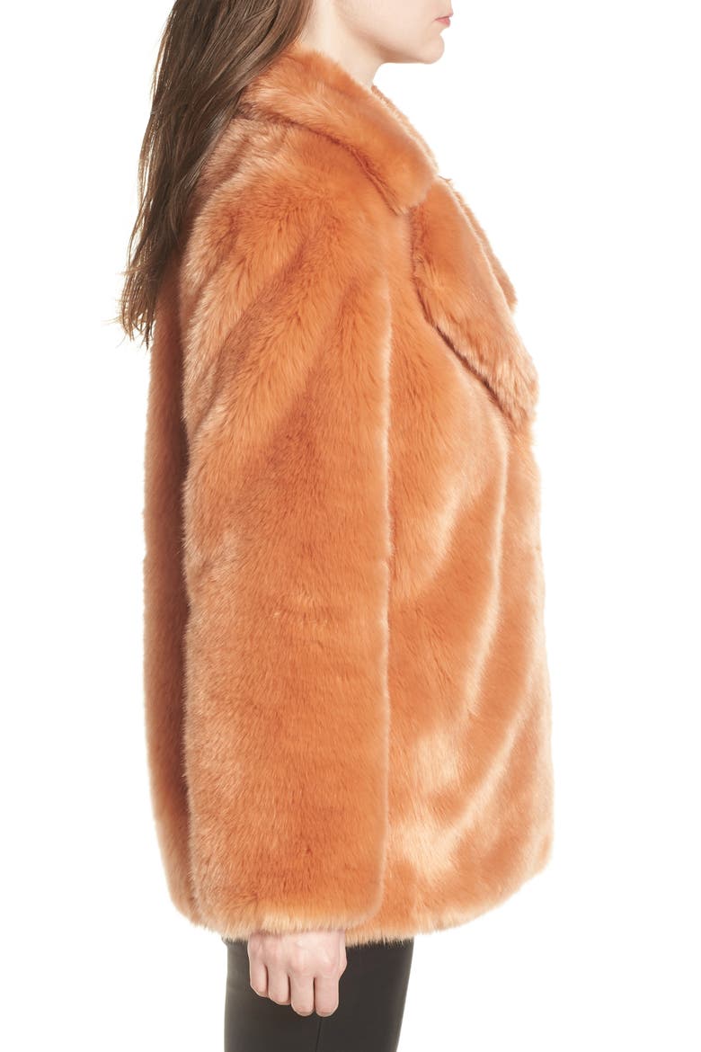Notch Collar Faux Fur Coat, Alternate, color, FLAMINGO